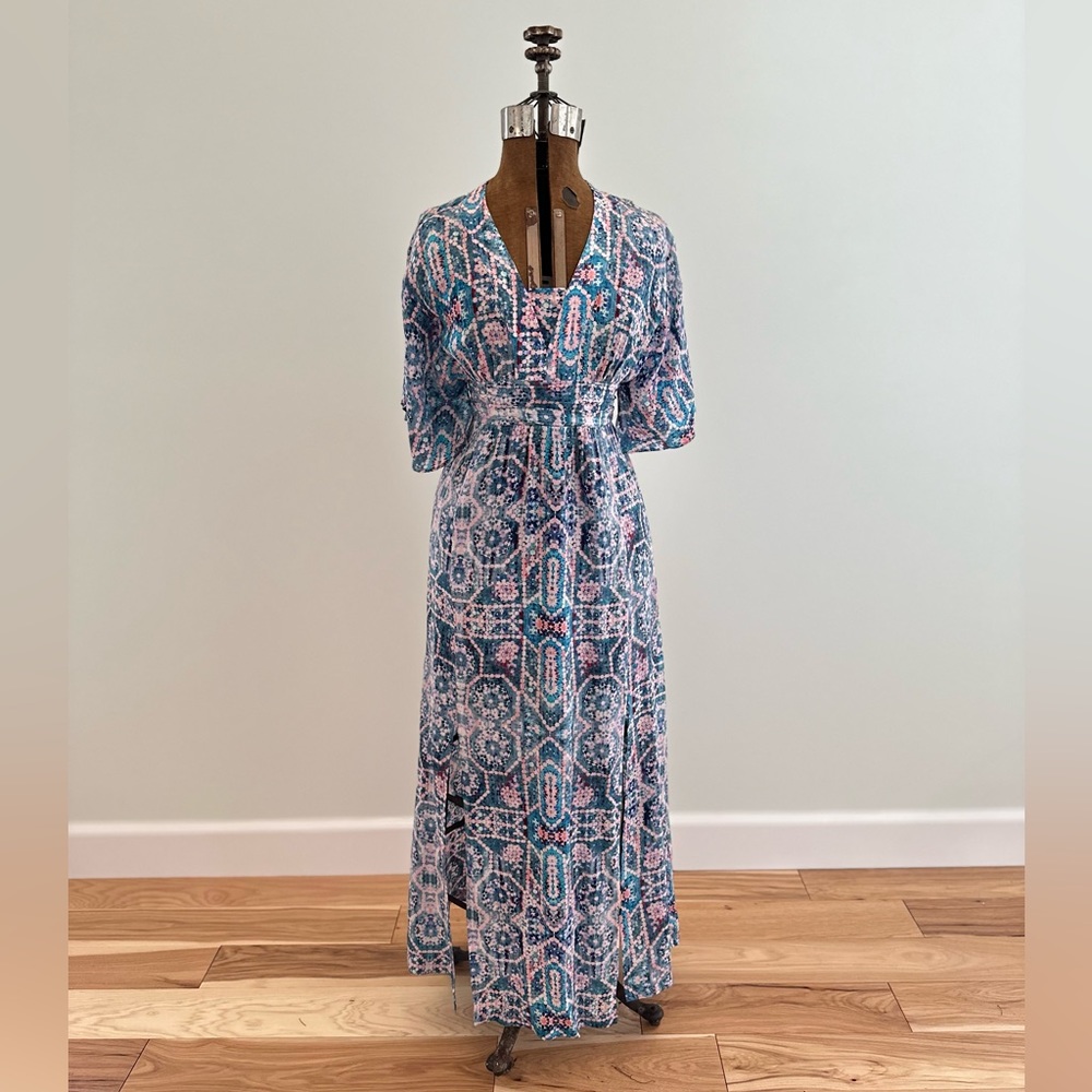 MAEVE (ANTHROPOLOGIE) Blue and Pink Patterned Maxi Dress